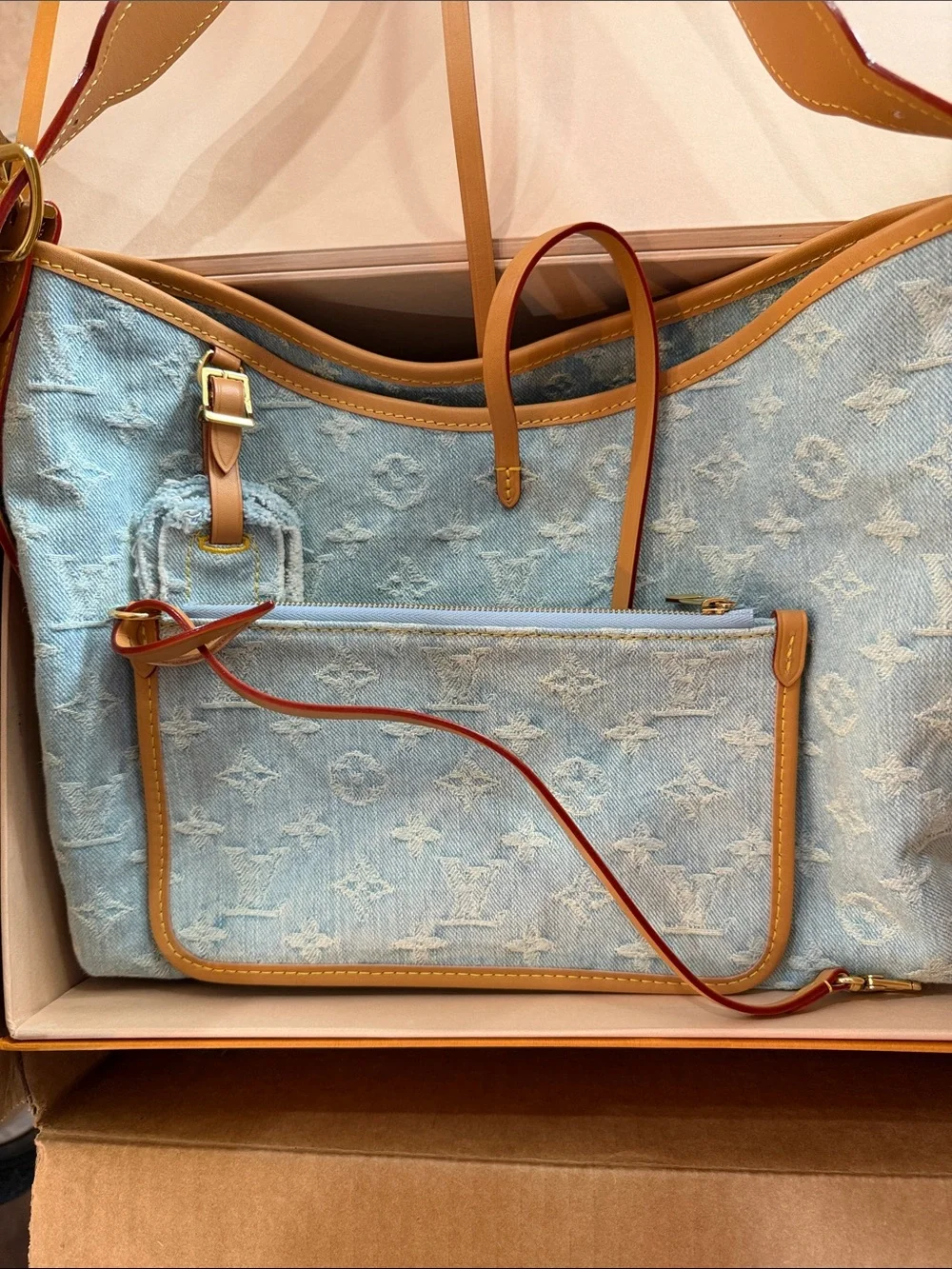 Louis Vuitton Denim Monogram Tote in Light Blue with Tan Trim